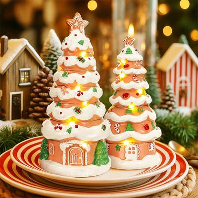 Yousheng Gingerbread House Christmas Tree Figurine Light Up Resin Tree Shaped Gingerbread House with LED Light for Indoor Home Party Decor