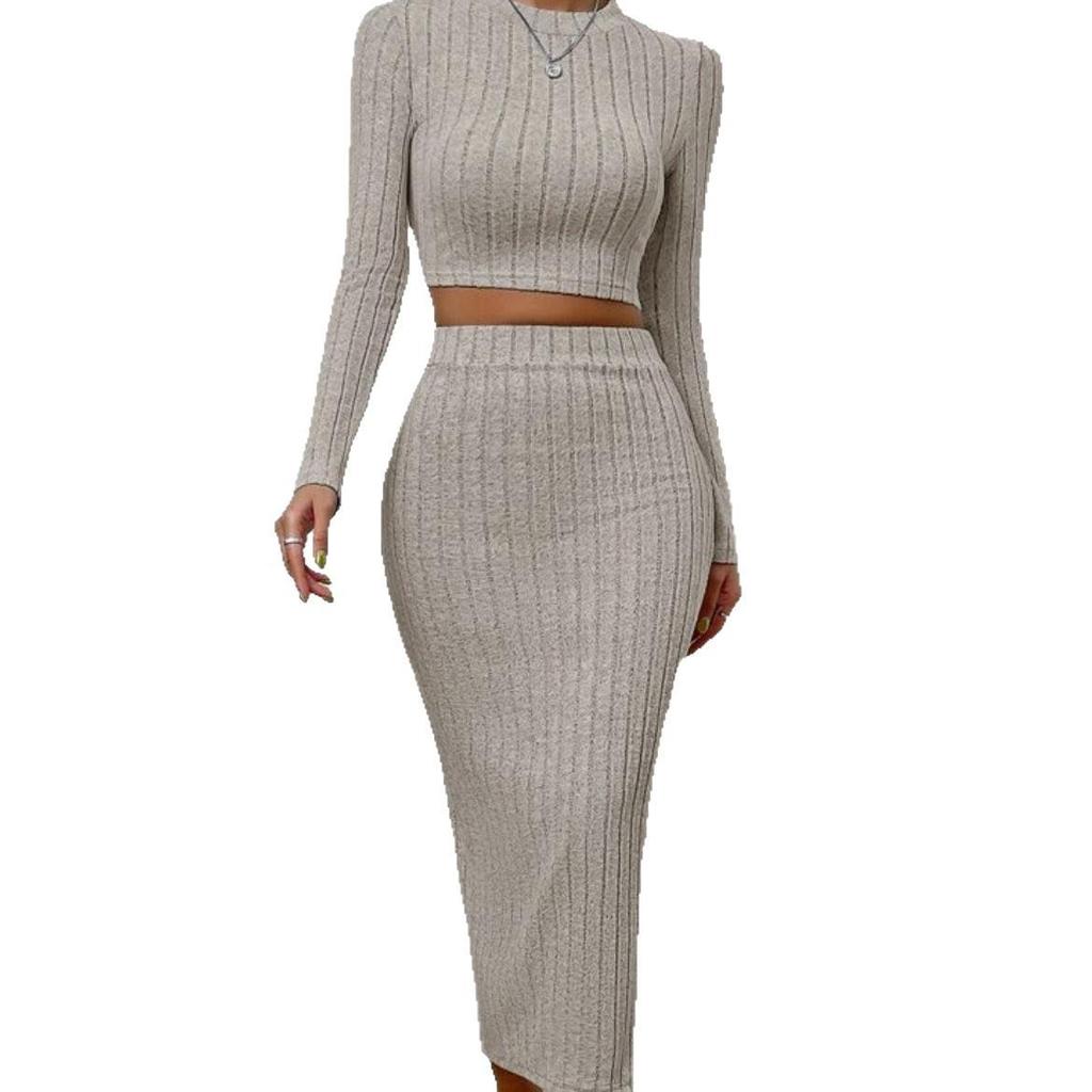 Prążkowany Zestaw Damski Dopasowany Top Crop z Długim Rękawem i Wąska Spódnica Ołówkowa z Wysokim Stanem