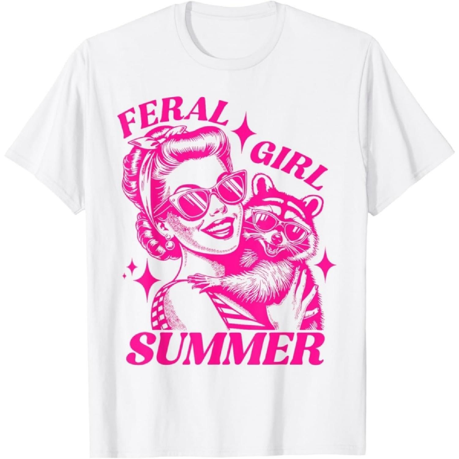 SykForn Vintage Feral Girl Summer Opossum Funny Raccoon Girls Women T-Shirt XXXXXL белый