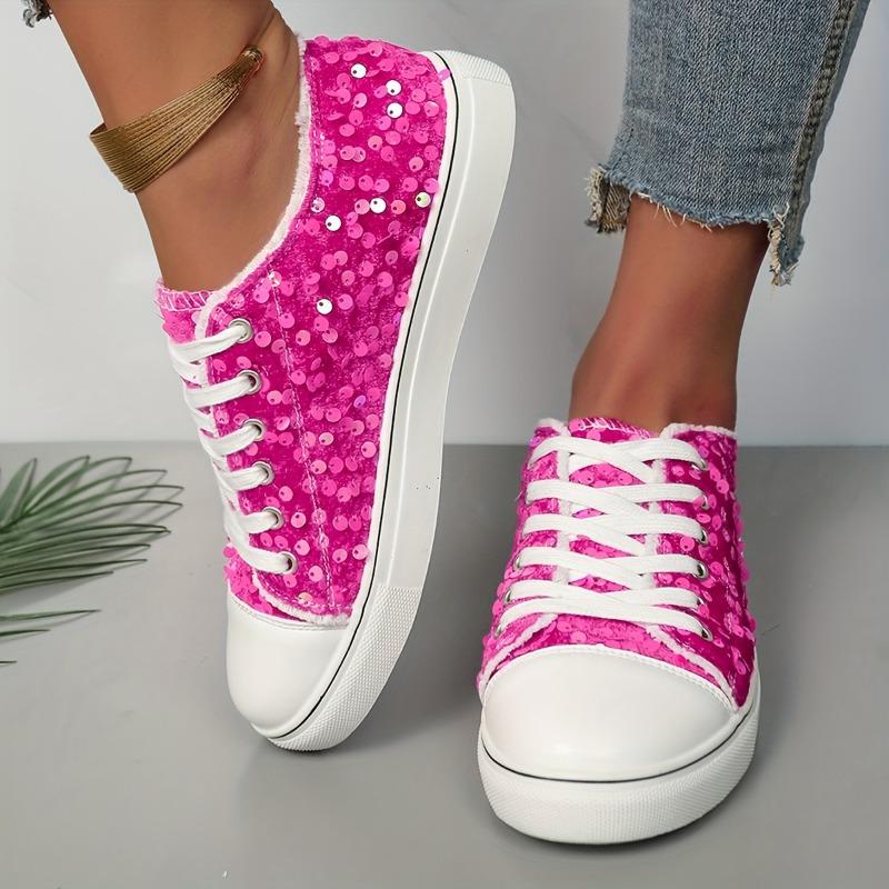 Women's Rose Red Fashion Sequin Lace-up Round Head Shoes
