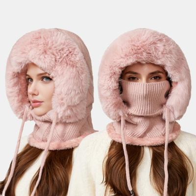 Winter Headgear 3 In 1 Hat with Scarf Face Guard Solid Color Adjustable Drawstring Insulated