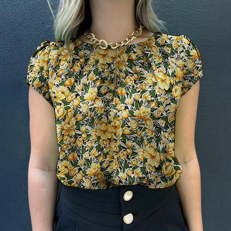 

ZANZEA Женская повседневная летняя блузка с круглым вырезом и коротким рукавом с цветочным принтом 5XL жёлтый