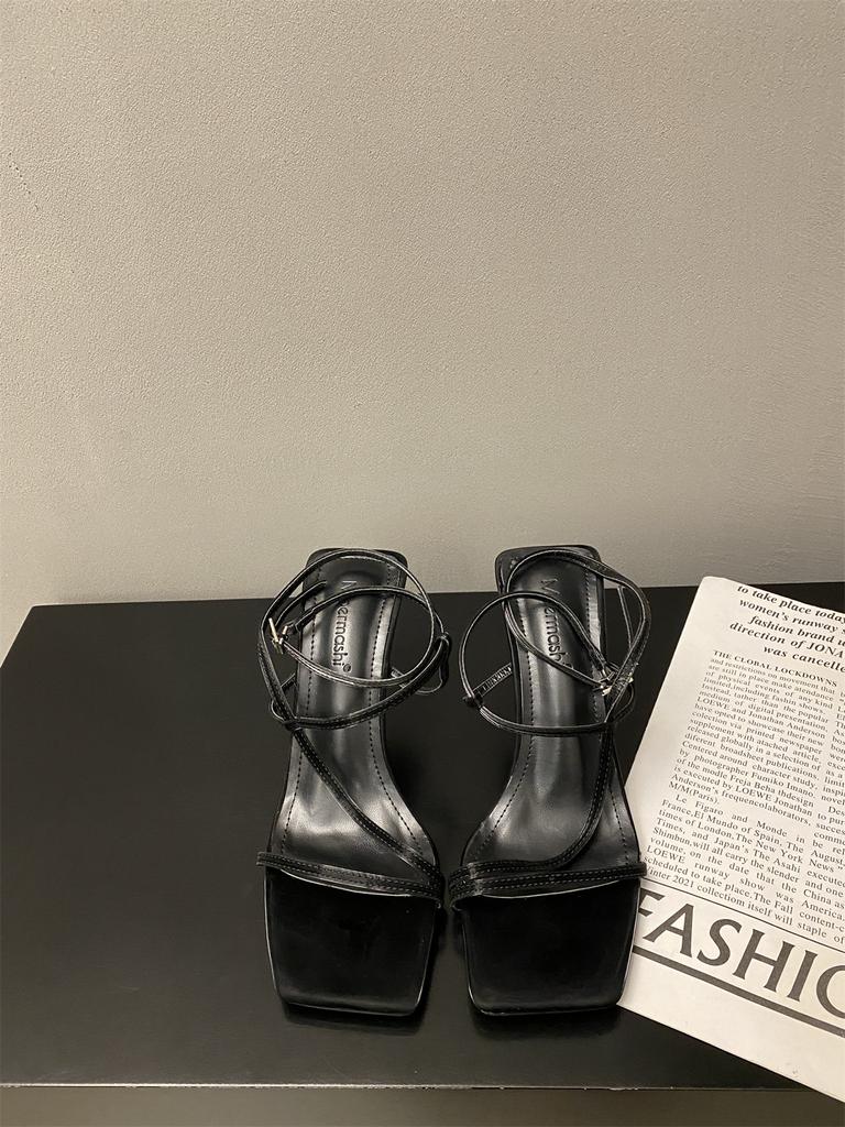 2025 Spring and Autumn New French Niche High-heeled Sandals Temperament Square Head Buckle Stiletto Strap Stiletto Sandals