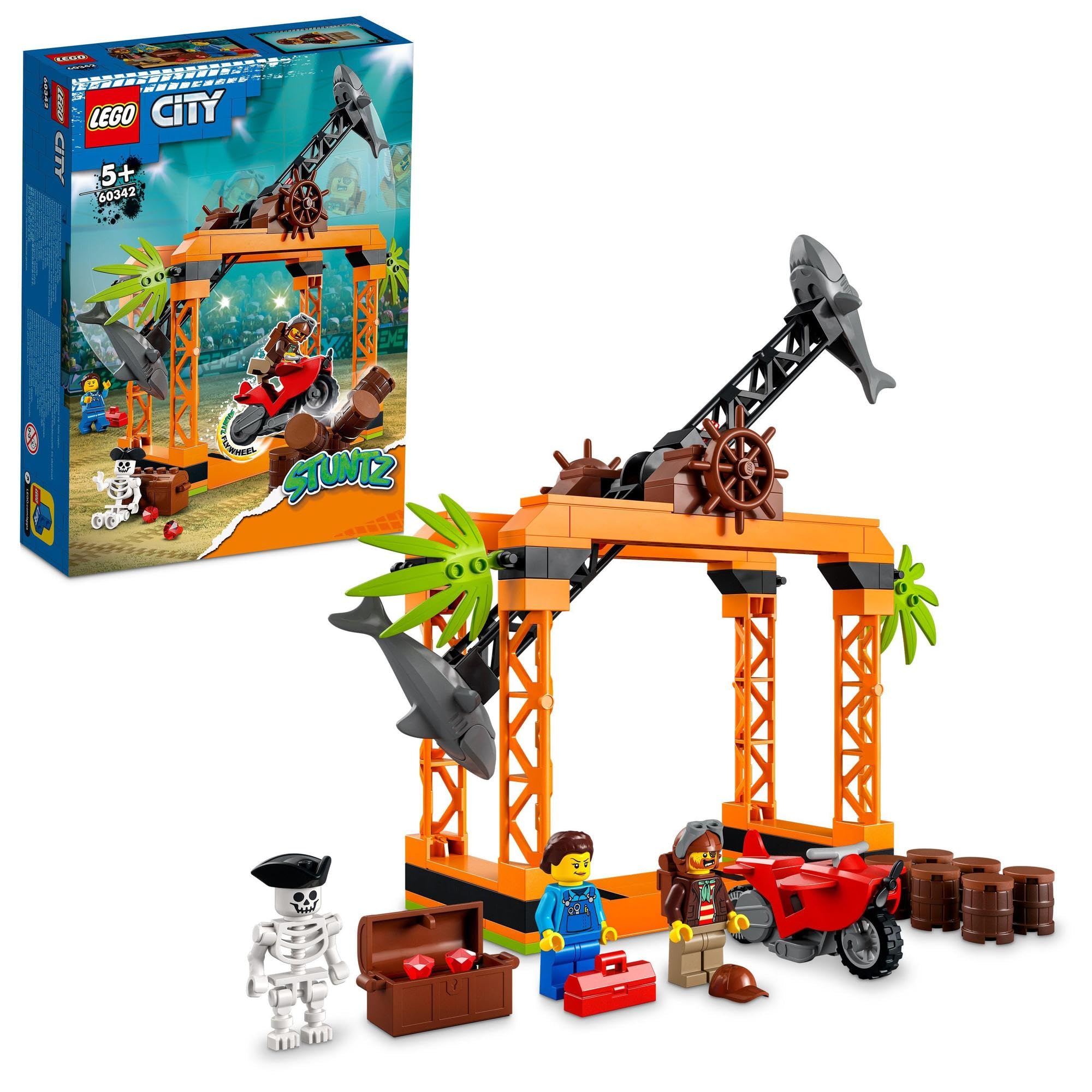 

LEGO City Shark Attack Stunt Challenge 60342, a toy block gift for boys and girls ages 5 and up, featuring bikes and cars.