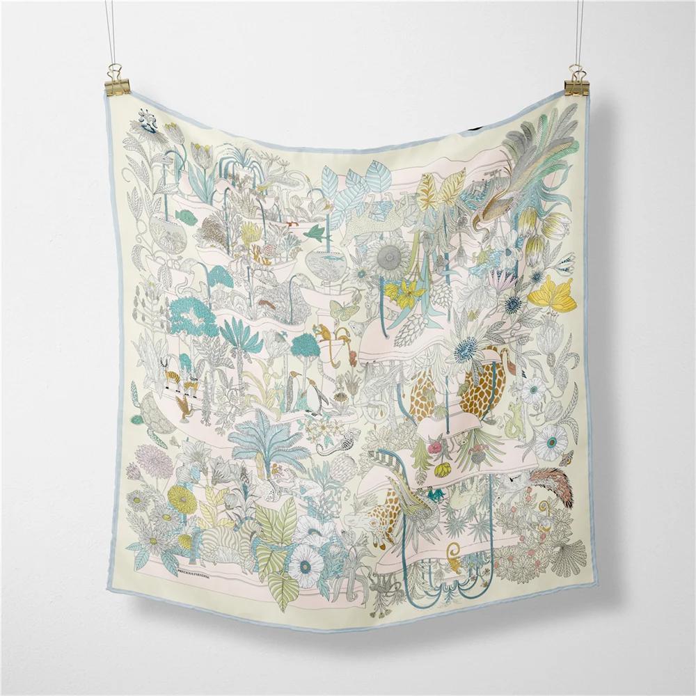 Twill Silk Scarf Woman Treasure Park Print Square Scarves Wraps Bandana Small Hijab Silk Foulards Tie Headband Neckerchief 53CM