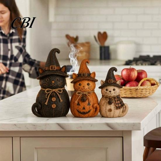 Seasonal Home Soft Furnishings 3Pcs Halloween Witch Cat Dog Statues, Resin Rustic Farmhouse Small Harvest Figures Ornaments for Autumn Thanksgiving,