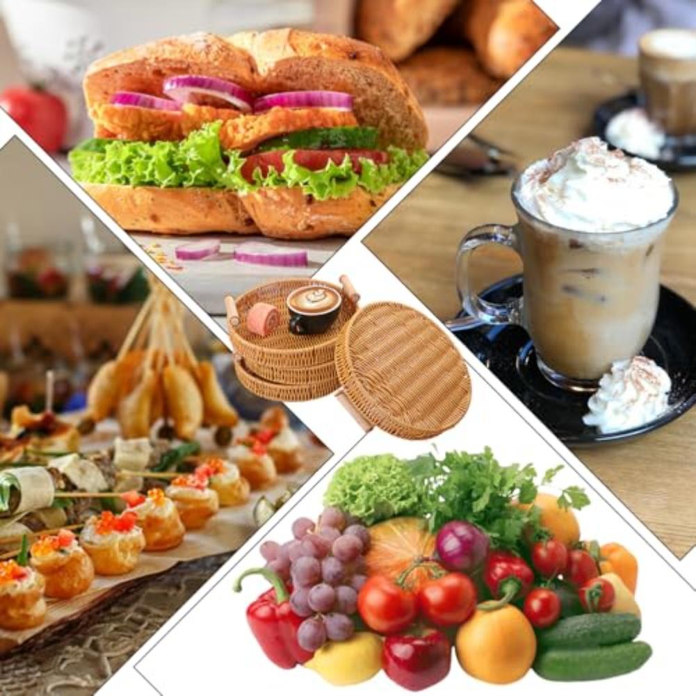 Rattan Tray Round Woven Basket For Serving Bread Portable Serving Tray With Handles Handwoven Rattan Round Shape For Restaurants