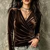 Women's Velvet V-Neck Long Sleeve T-Shirt with Cross Pleated Front for Casual Fall Wear
