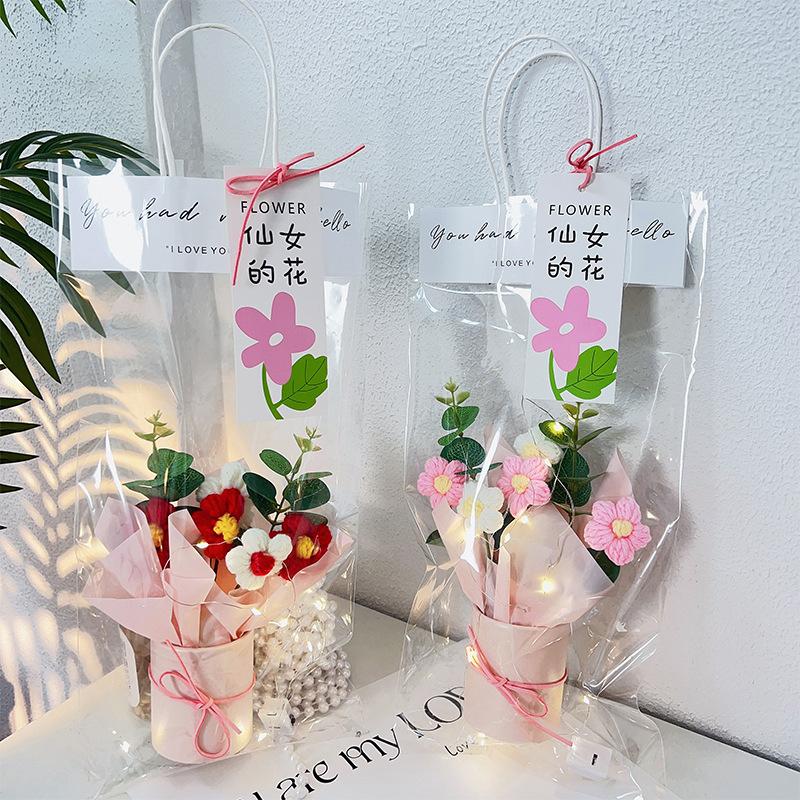 1 Set Hand Knitted Flower Handicraft Crochet Flower Bouquet With Led Light String Artificial Flowers Mother'S Day Gifts