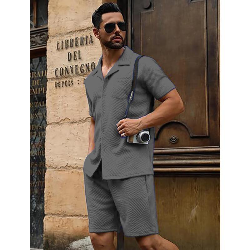 Summer Pocket casual texture beach short-sleeved button-down knitted sweater and shorts set
