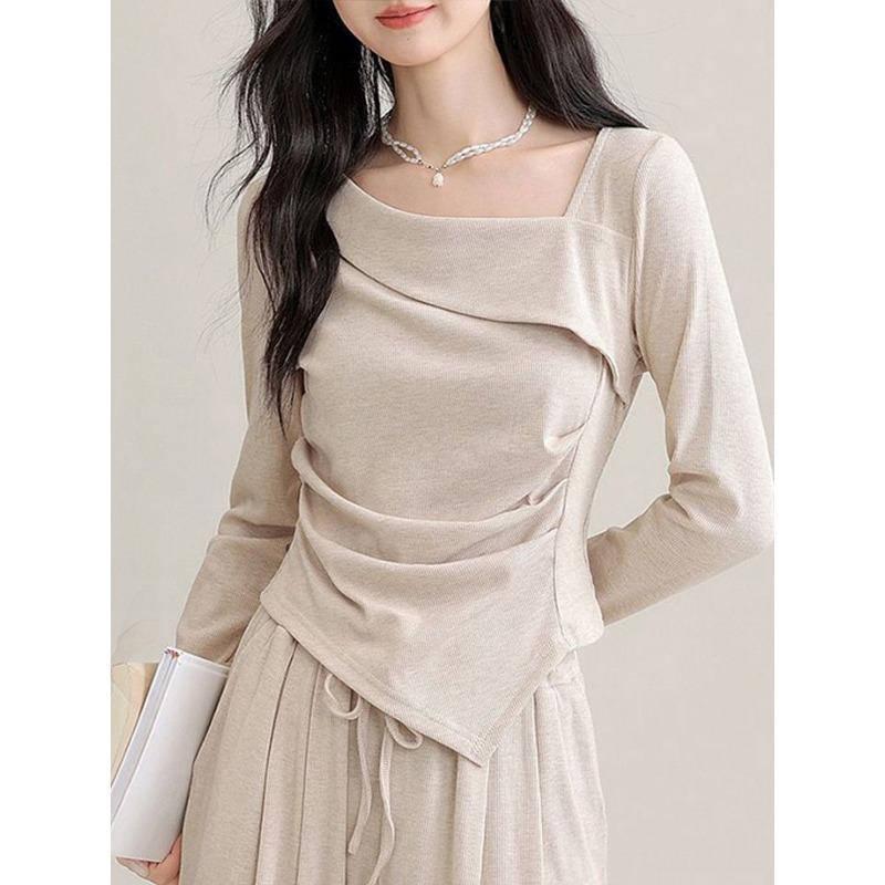 Women Brown Square Neck Ruched Asymmetrical Hem Long Sleeve Top