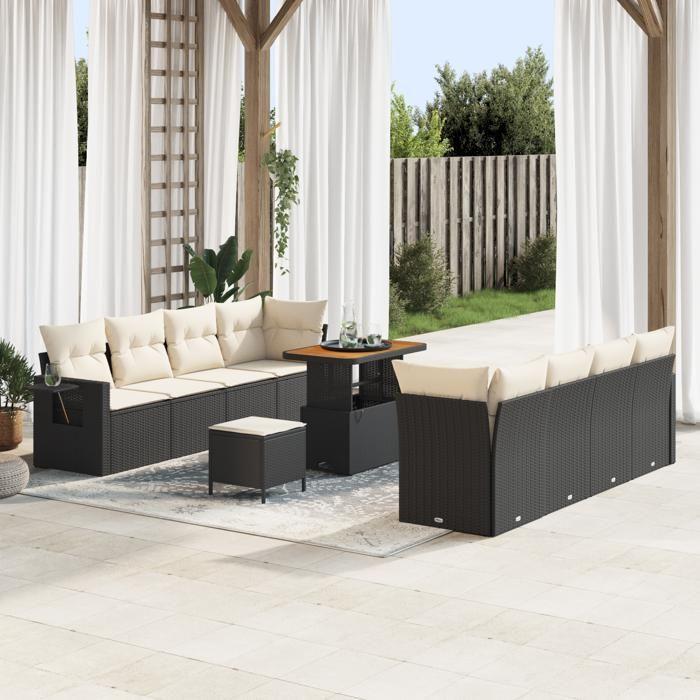 VidaXL Ensemble de Canapé de Jardin de 11 Pièces avec Coussins Noir Poly Rattan Acacia 3361720