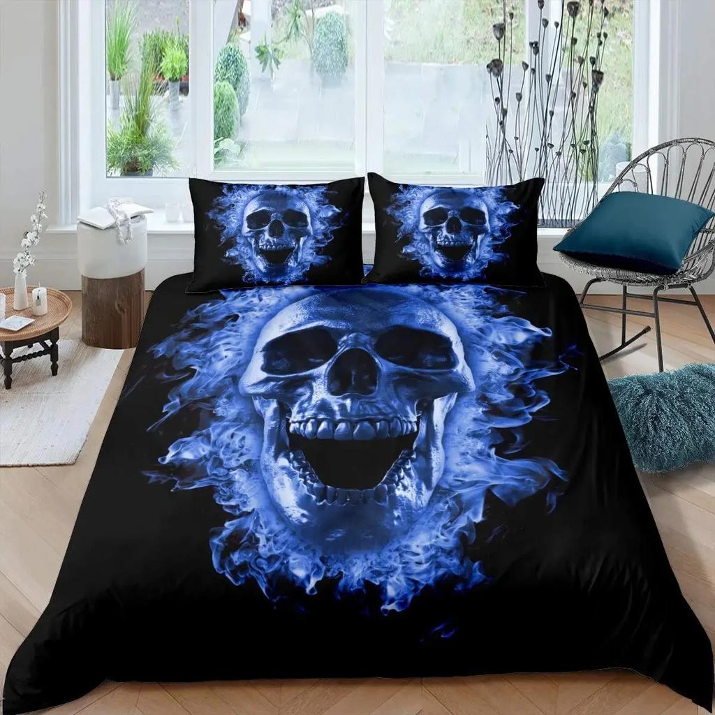 Schwarz Blaue Flamme Schädel Bettbezug Set Doppelgröße 3D Skelett Knochen Bettwäscheset Gothic Bettdeckenbezug Horror Schädel Steppdeckenbezug