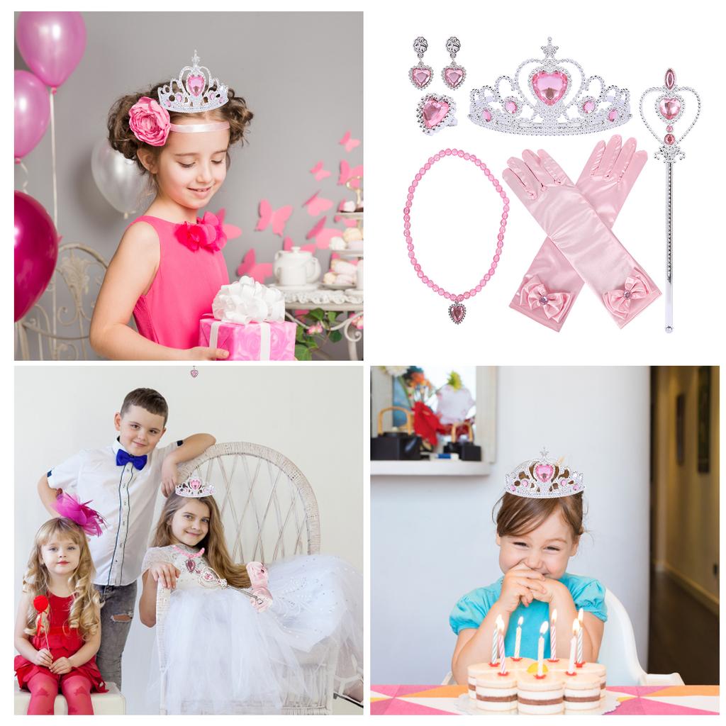 Princess Dress Up Accessories Set for Girls 6pcs Princess Costume Gloves Tiara Wand Necklace Earrings Bracelet Ring