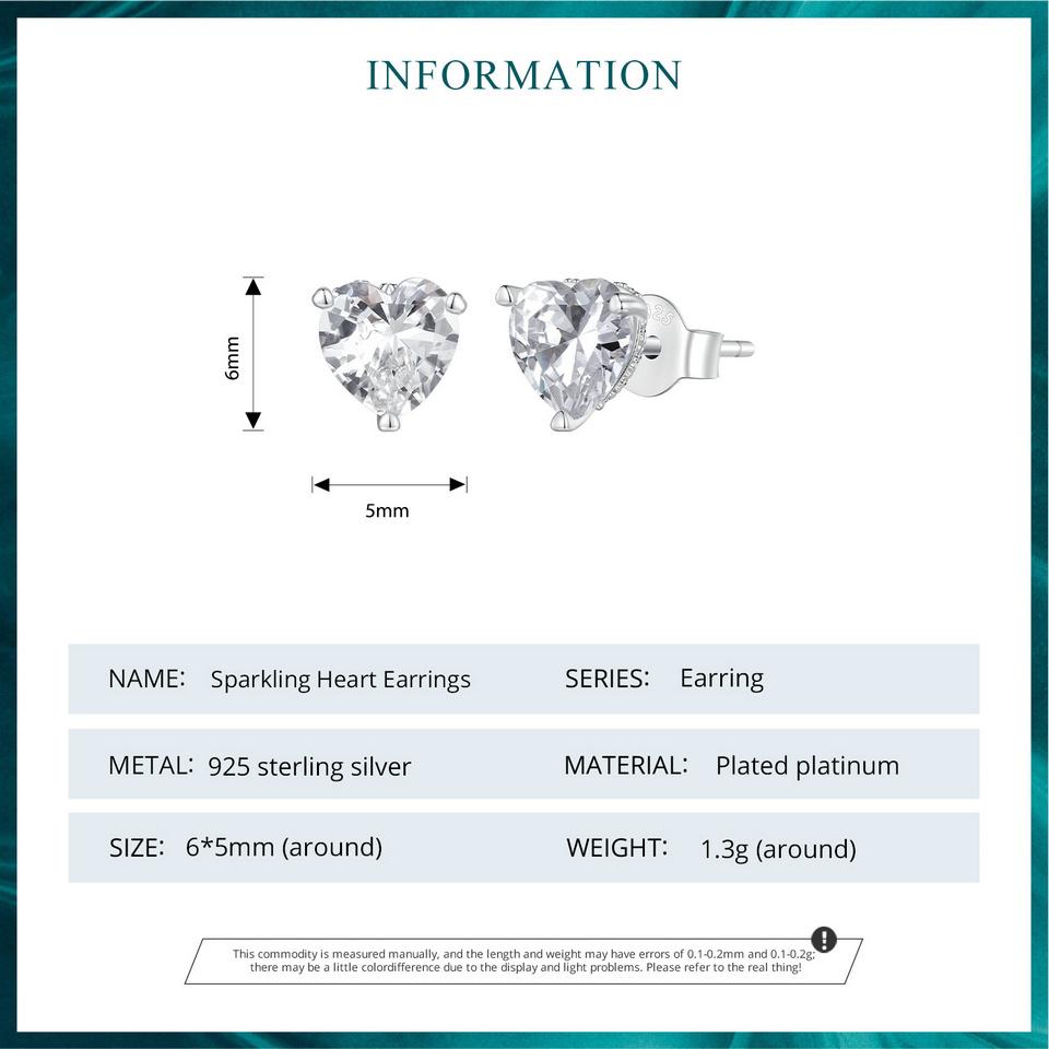 Cercei cu zirconiu cu inimă strălucitoare din argint Sterling 925 BAMOER Cercei simpli Little Love pentru femei Bijuterii fine
