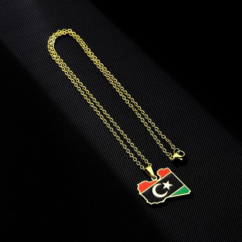 Stainless Steel Libya Flag Pendant Necklace Stylish Libya Map Necklace Durable Neck Jewelry Stainless Steel Material