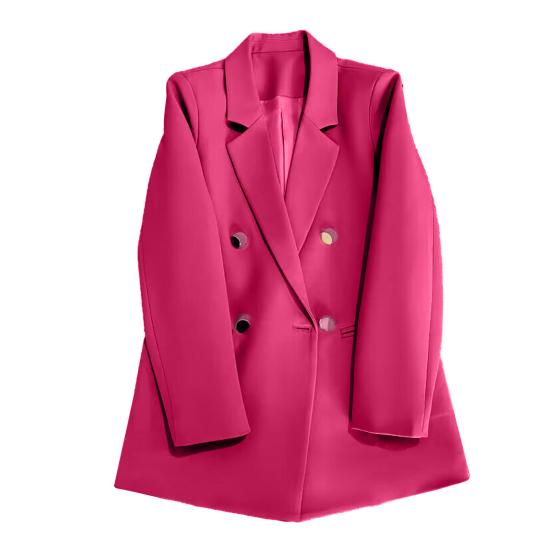 Women Suit Coat Lapel Long Sleeve Double Placket Suit Jacket with Pockets Solid Color Loose Fit Mid-length Business Outerwear