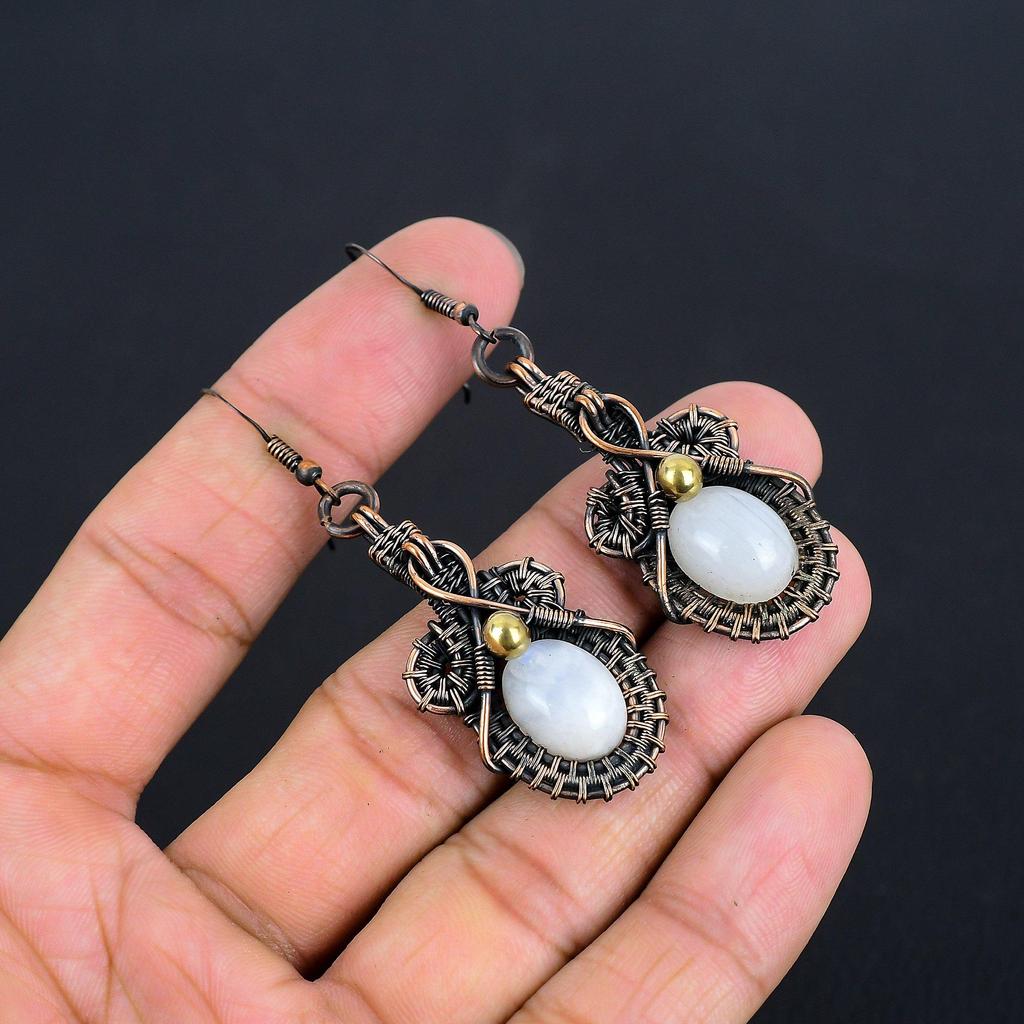 Rainbow Moonstone Earrings Gemstone Jewelry,  999 Copper Wire Wrapped Earrings, Handmade Beautiful Jewelry Earrings