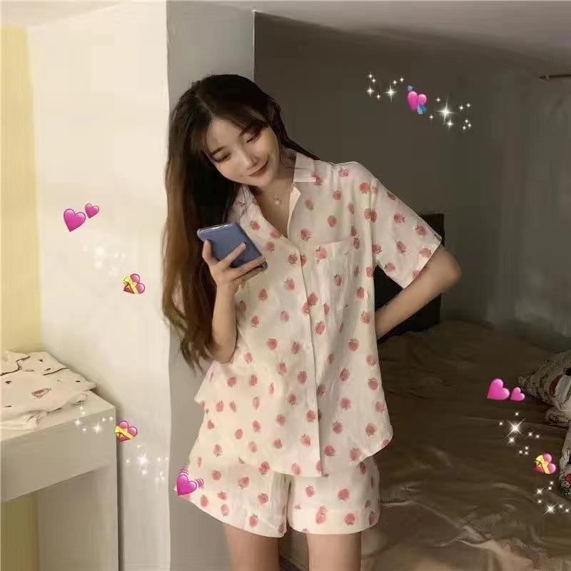 Pajamas Women Summer Cartoon Cute Bear Short Sleeve Nightwear Loungewear Set Ladies Cardigan Striped Plaid Short Sleepwear