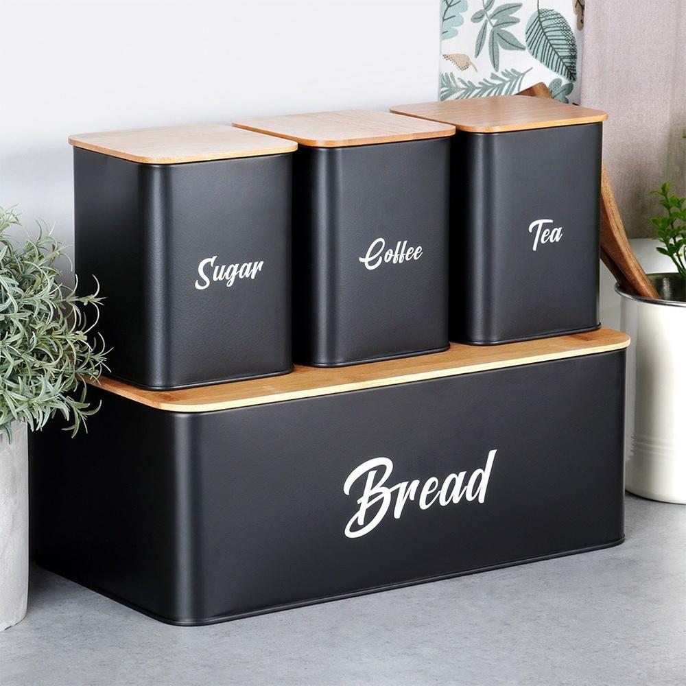 Black Metal Bamboo Bread Bin Kitchen Container for Bread