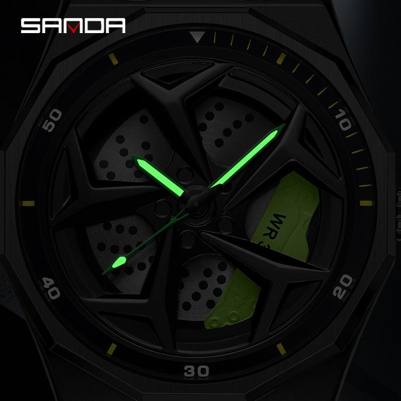 SANDA Men's Waterproof Luminous Polygonal Quartz Watch with 3D Rotating Dial and Silicone Band