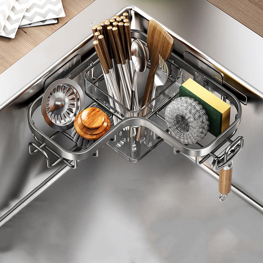 Carbon Steel Sink Drain Rack Wall Mounted Sponge Storage Basket Triangular Drainage Rack  for Home