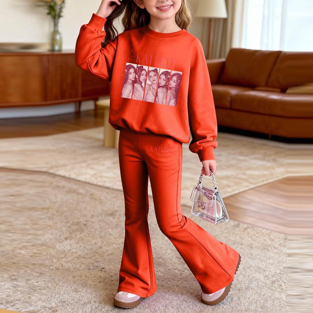 Kids Printed Long Sleeve Neck Top and Pants Set, Casual Loose Fit Outfit for Boys Girls