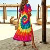 Women Fashion Round Neck Tie-dye Pattern Printed Short Sleeve Side Slit Dress Casual Vacation Dress Long Loose Dress