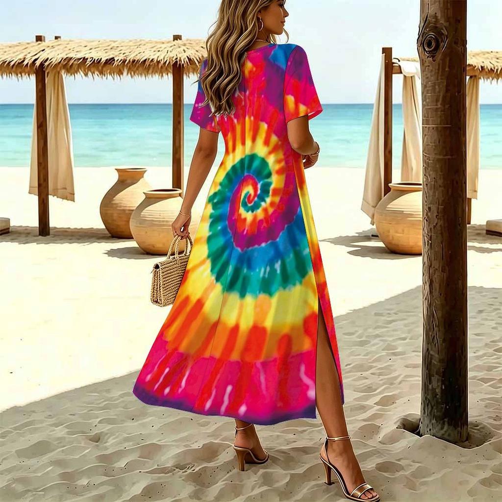 Women Fashion Round Neck Tie-dye Pattern Printed Short Sleeve Side Slit Dress Casual Vacation Dress Long Loose Dress