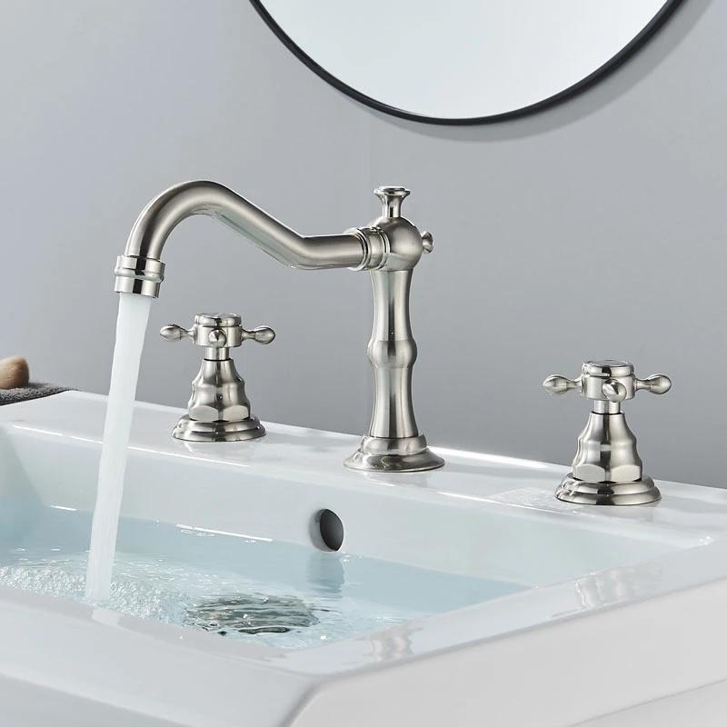 

Bathtub Faucet 3 hole Black Brass Double Handle Bathroom Sink Faucet Hot And Cold Tap 3 Pcs Set Mixer Tap Garden Bathtub Taps