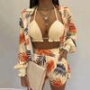 Summer Beach 3pcs Set Outfits Women Fashion Sexy Cardigan Blouse Tops + Shorts Set Lady Casual Lanter Sleeve Loose Short Pants Suits Leaf Print Sets