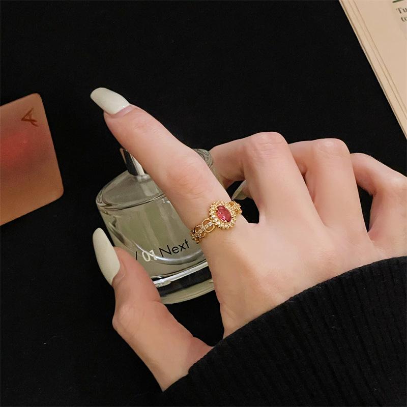 Medieval Hollow Lace Retro Gold Open Ring Colored Treasure Red Zircon Light Luxury Index Finger Ring