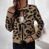 Autumn Winter Women Leopard Knitted Cardigan Long Sleeve Lace Up Coat