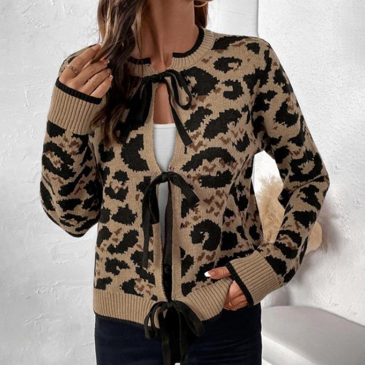 Autumn Winter Women Leopard Knitted Cardigan Long Sleeve Lace Up Coat