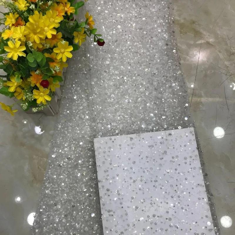 Luxury 3D Sequined Beaded Mesh Embroidered Lace Fabric Handmade Wedding Dress DIY Accessories Width 130cm 1Meter