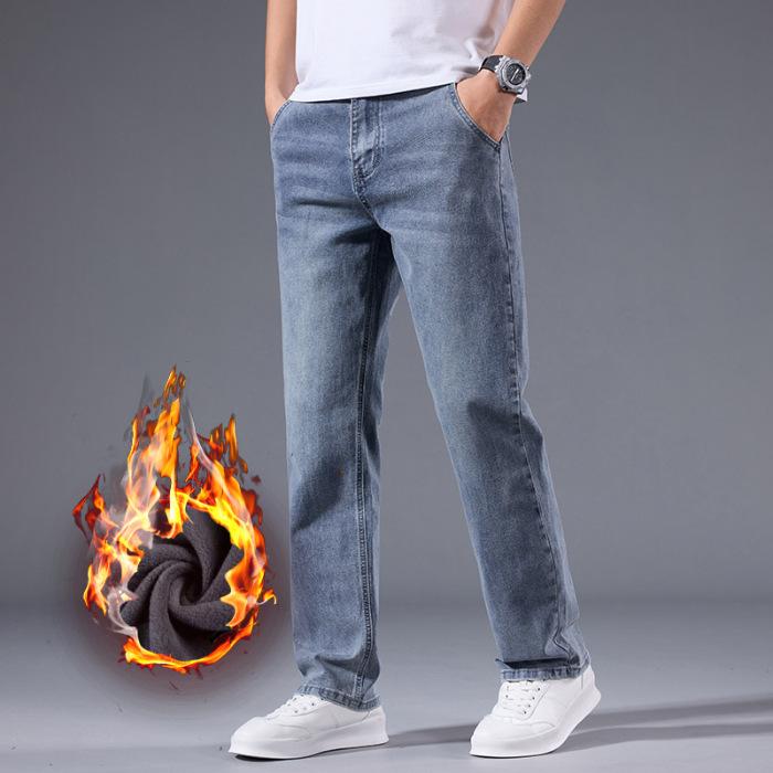 Men's Winter Warm Fleece Lined Thick Stretchable Business Casual Jeans Lightweight Trousers Office Wear