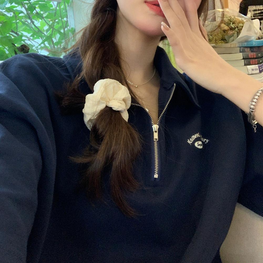 2 Pcs/Set Women Summer Sweatshirt Pants Set Short Sleeve Zippered Turn-down Collar Top Drawstring Elastic Waist Loose Sweatpants