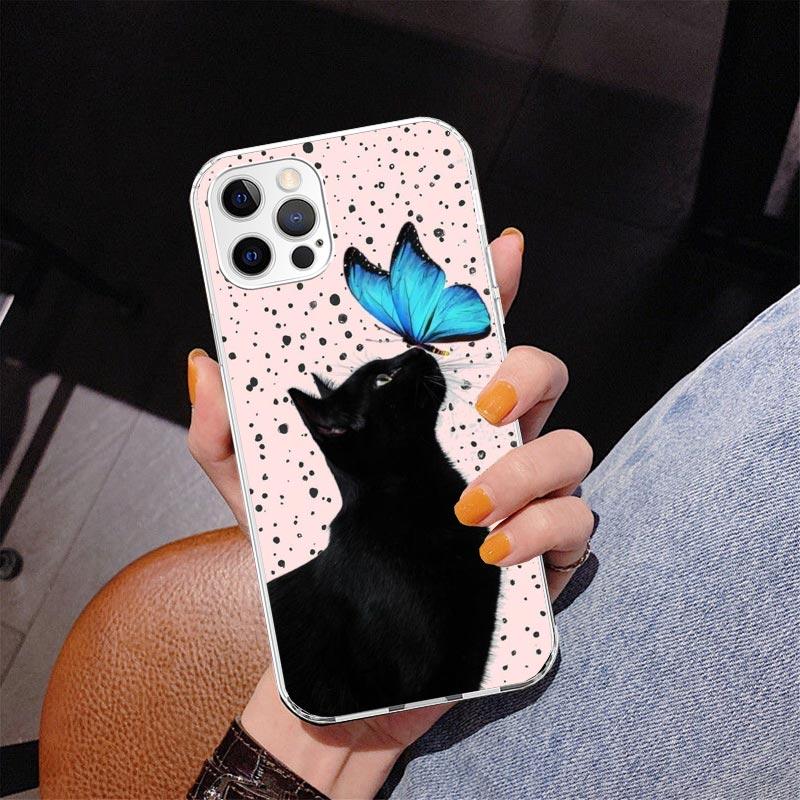 Black Cat Cartoon Cute Phone Case For iPhone 17 Air 16 Pro Max 16E 15 + 14 Plus 11 12 13 Mini 7 8 SE Gift Print Cover Fundas 17
