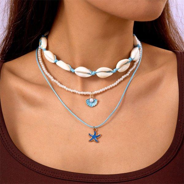 Boho Multilayer Shell Starfish Pendant Necklace for Women Imitation Pearl Conch Layered Chain Choker Girls Beach Party Jewelry