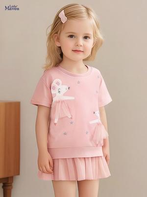 Little Maven European & American Style Girl's Mesh Cartoon Dress - Summer Short-Sleeve Cute Sweatshirt Dress