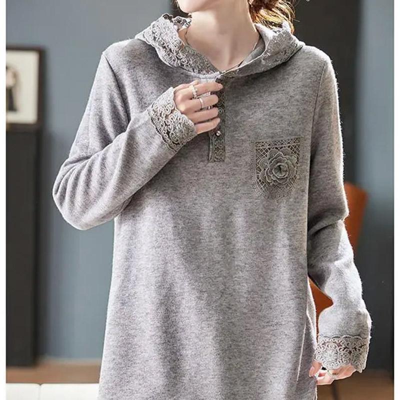 

Женский свитшот Хлопок Оверсайз Средней длины Длинный рукав Кружево Утепленный Свободный Повседневный Пуловер Свитшот XXXL серый