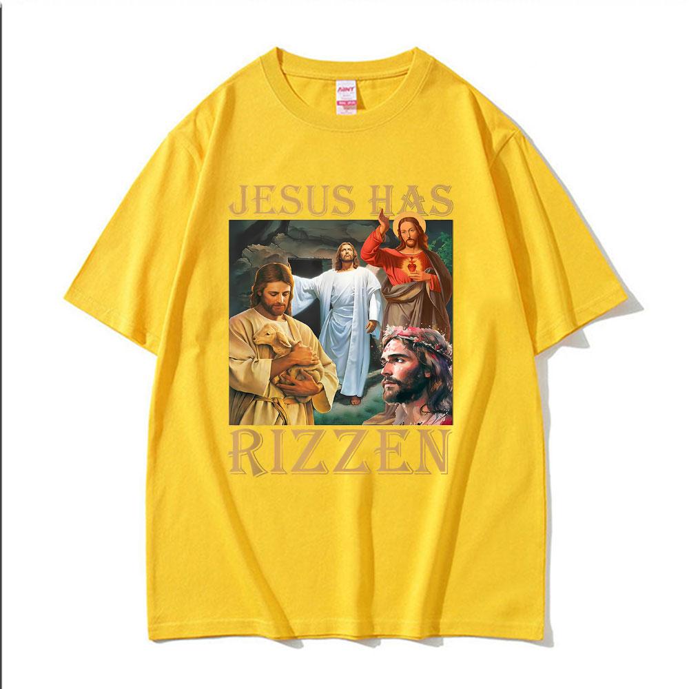 Jesus Has Rizzen Jesus Funny T Shirts Mens Clothing Summer Short Sleeve Pop Vintage Trend Cool Tshirt Cotton Oversized T Shirt