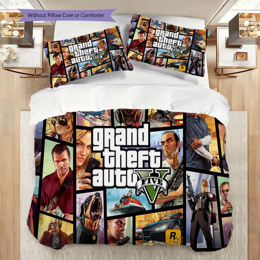 Vibrant Collage Grand Theft Auto V Characters Bedding (1 * Duvet Cover + 2 * Pillowcase, Without Core) 2D Flat Christmas Birthday Gift Bedding Set
