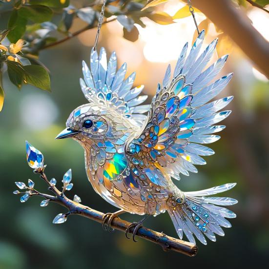 Yousheng Bluebird Hanging Decoration Stained Glass Art Bird Ornament 2D Flat Acrylic Pendant for Window Wall Home Garden Decor
