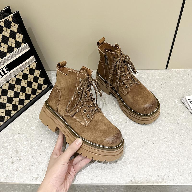 

Женские ботинки Мартин осень и зима новые кожаные бархатные рабочие короткие ботинки на маленькой толстой подошве с внутренней высотой, ботинки цвета ревеня 33