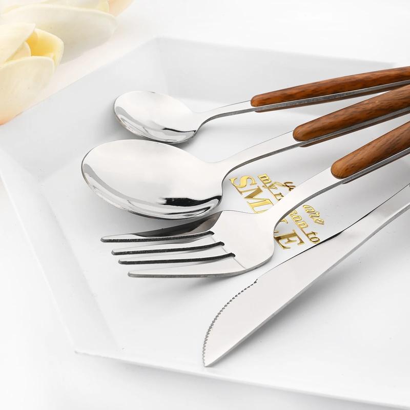 Brown Gold Stainless Steel Dinnerware Set with Imitation Wooden Handle - 4/16 Piece Cutlery Set including Knife, Spoon, Fork
