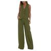 Completo in Lino da Donna - Completo 2 Pezzi Camicia Bottoni Scollo a V Senza Maniche Pantaloni Vita Alta Gamba Larga Set Coordinato