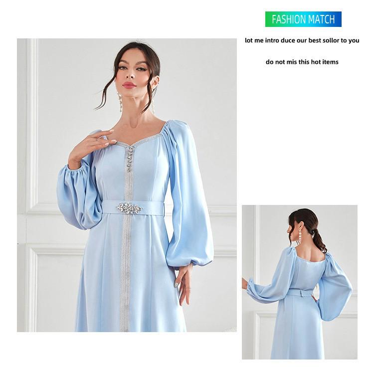 Elegant High-Waist Studded Dress for Middle Eastern Muslim Women - Summer/Autumn Fashion