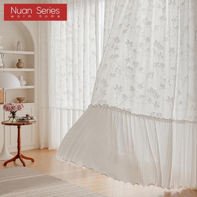 1PC Nuan Series French Double-layer Splicing Gauze Curtain, White Lace Translucent Gauze Curtain for Living Room Bedroom Window Home Decor
