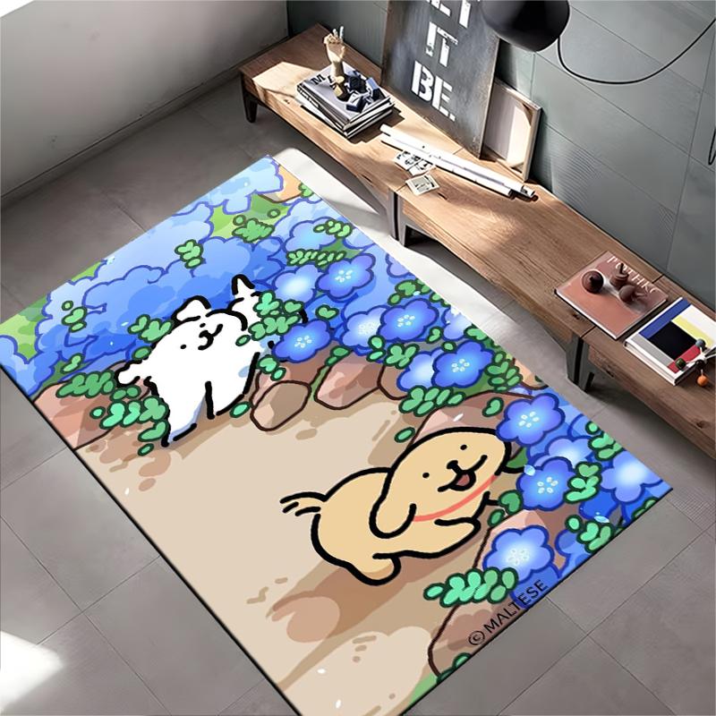 Cute Maltese Dogs Cartoon Rug with Blue Flowers for Living Room Decor Suitable for Use As an Anti-slip for Living Room Bedroom Sofas